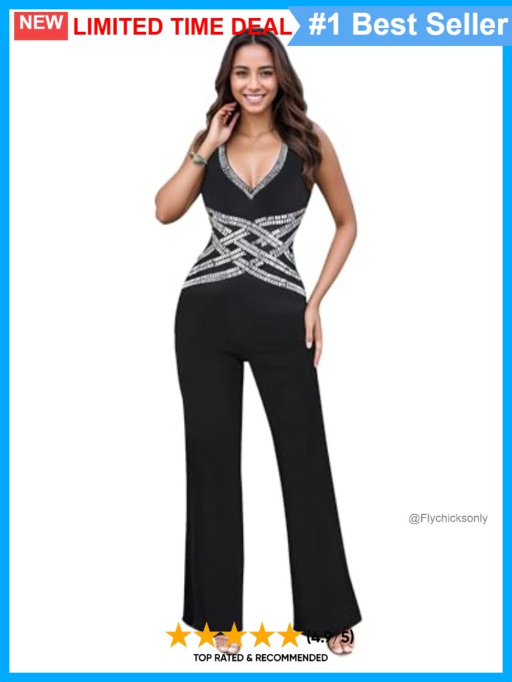 Rhinestone Mesh See Through Sleeveless V-Neck Wide Leg Bodycon Jumpsuit